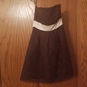 Strapless brown lace and off white dress